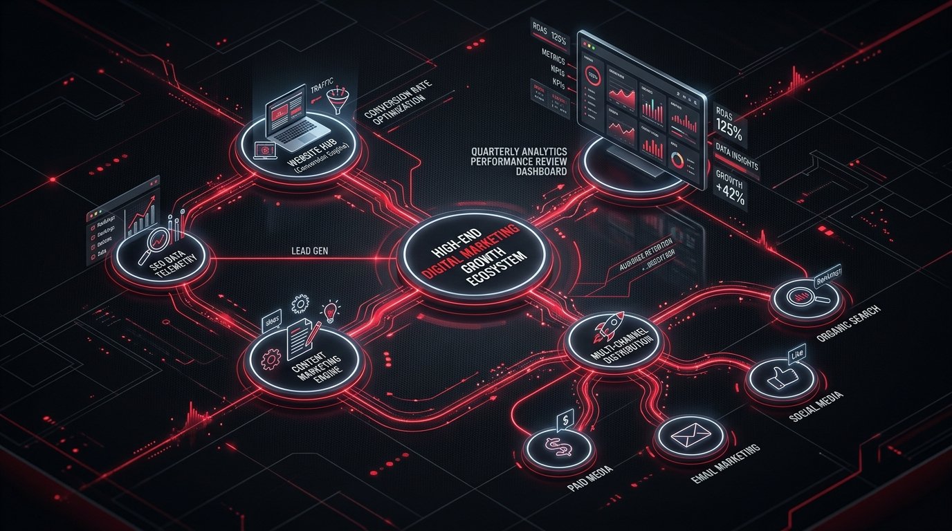Digital marketing system connecting website, SEO, content, campaigns and performance reviews