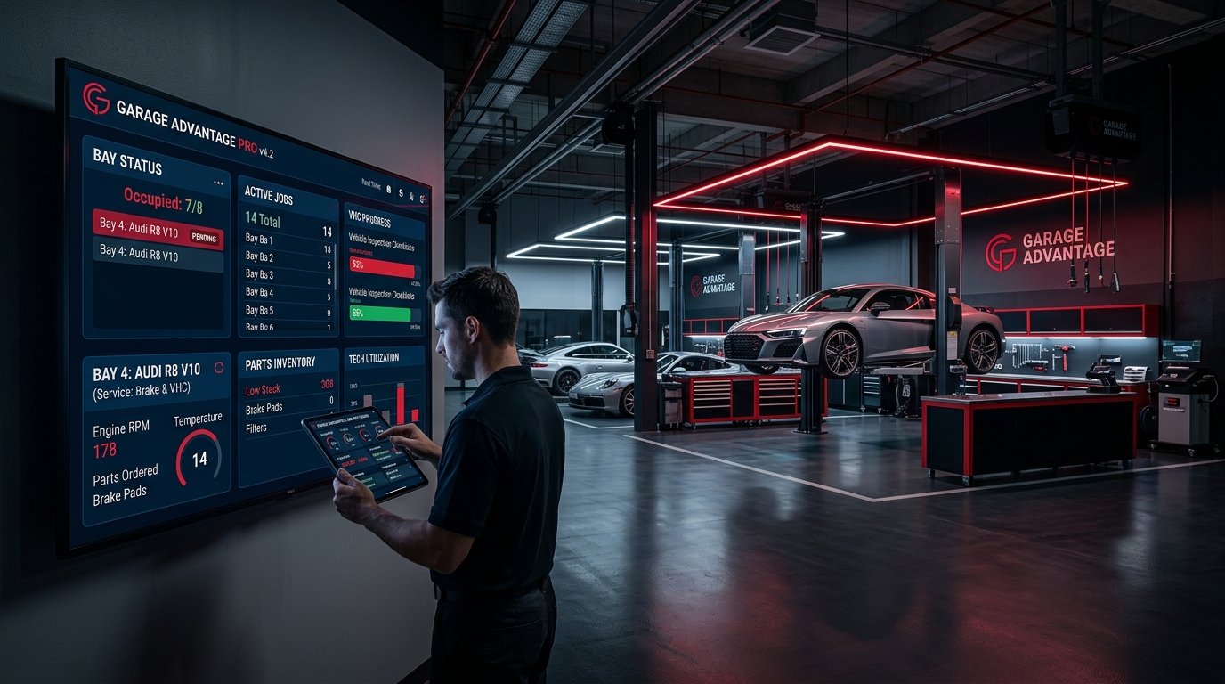 Garage management software dashboard with digital job cards, vehicle status and workshop operations